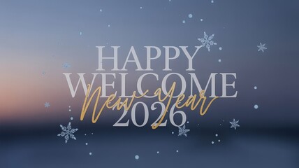 Happy Welcome New Year 2026 greeting card with elegant typography and falling snowflakes on a serene blue background.