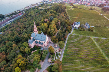 Aerial view of the Rochus Chapel near Bingen early in the morning at sunrise