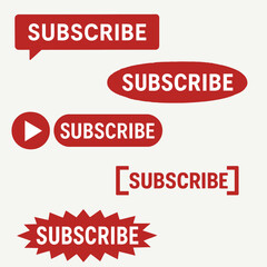 vector set of red oval, rechtangle youtube subscribe and play buttons, social media call to action button on white background