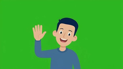 Illustration of a cheerful young man waving his hand in a friendly greeting. This happy cartoon character is isolated on a green screen background, ideal for animation and video keying