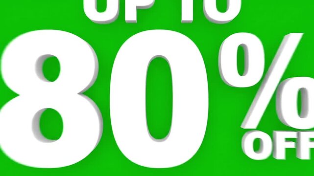 Vibrant green screen with dynamic up to 80% off sale announcement, perfect for commercial promotions and dynamic video editing needs.