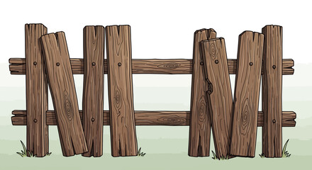 A rustic, old, and broken wooden fence with several loose planks, set against a plain background.