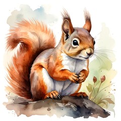 Watercolor painting of a cute red squirrel on a branch