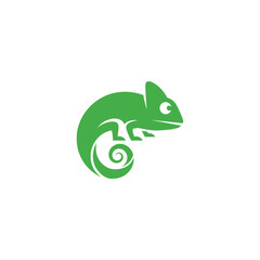 A solid green chameleon silhouette with curled tail on a white background