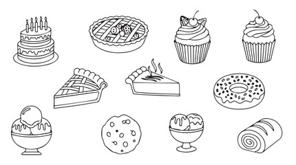 Collection of desserts and pastries line art hand drawn style sweet treats vector