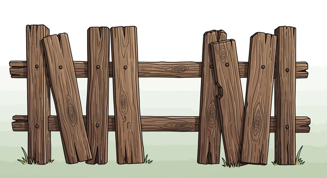 A rustic, old, and broken wooden fence with several loose planks, set against a plain background.