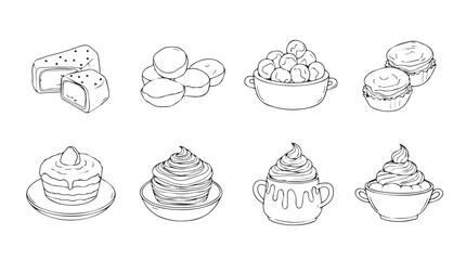 Collection of delicious desserts sketch hand drawn icons seamless pattern sweet treats for culinary projects vector