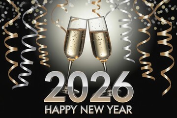 Two champagne flutes toast to a Happy New Year 2026 with festive gold and silver confetti and streamers.