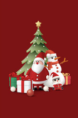 3D cute Santa Claus stands with snowman, decorated Christmas tree and gift boxes on red vertical background graphic illustration.