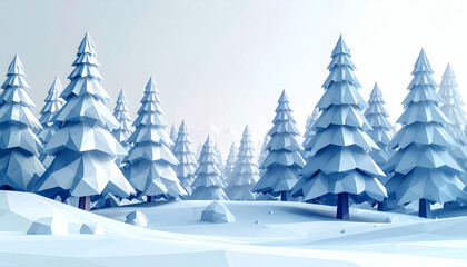 Low-poly winter pine forest with faceted polygon snow-covered trees on a white background showcasing geometric nature design, modern 3D winter landscape illustration, and minimalist digital art style