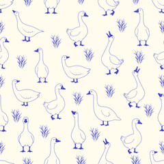 Seamless pattern with cartoon geese and grass elements in blue and cream, perfect for children's designs.