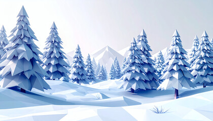 Naklejka premium Low-poly winter pine forest with faceted polygon snow-covered trees on a white background showcasing geometric nature design, modern 3D winter landscape illustration, and minimalist digital art style