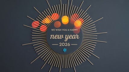 Happy New Year 2026 greeting card with sunburst design and bokeh lights on a dark background.
