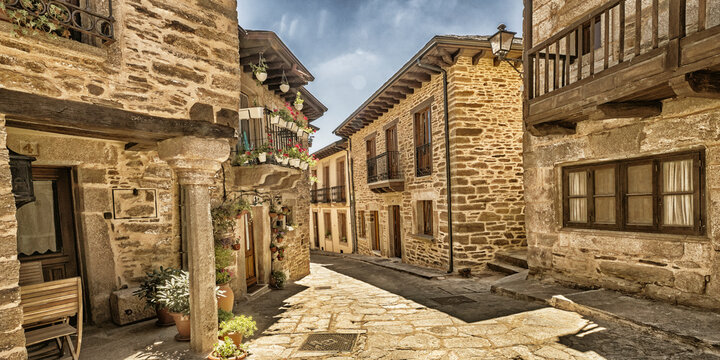 Street Scene, Typical Architecture, Puebla de Sanabria, Zamora, Castile and Leon, Spain, Europe