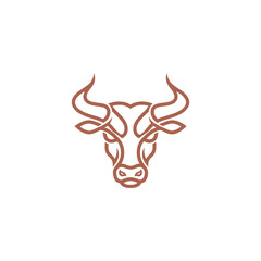 Brown minimalist bull head logo on white background. Lines form the face, horns, and snout
