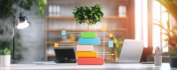 A modern workspace featuring a digital tree design symbolizing growth, innovation, and sustainability amidst a clean, organized environment.