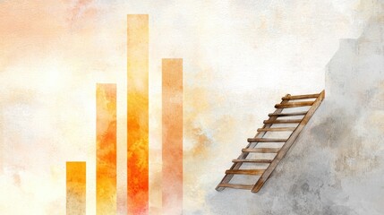 A ladder leans against a wall beside rising bar graphs, symbolizing growth and the journey toward success in a minimalistic, artistic style.