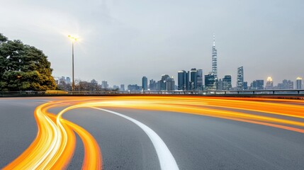 A dynamic cityscape featuring bright light trails on a curved road, with a modern skyline and a cloudy sky in the background.