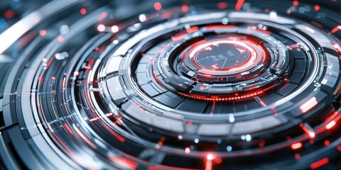 A futuristic, circular design featuring intricate patterns and glowing red accents, resembling advanced technology or digital interfaces.