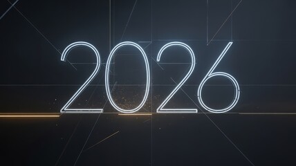 A futuristic glowing 2026 against a dark, abstract background with geometric lines and light effects, symbolizing the future.
