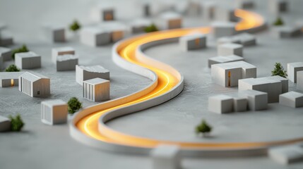 A miniature cityscape with a winding path illuminated by warm light, surrounded by small structures and greenery, creating a serene urban scene.