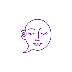 A purple line drawing of a face within a speech bubble, closed eyes