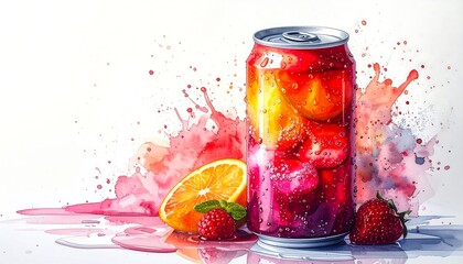Watercolor painting of a drink in a can with fruit