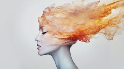 A surreal portrait showcasing a woman with flowing hair made of vibrant, fiery smoke, evoking a sense of creativity and emotional depth.