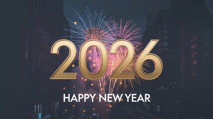 Golden 2026 Happy New Year text with colorful fireworks exploding over a dark city skyline at night, celebrating the upcoming year.