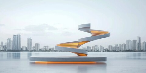 A modern, spiral staircase stands on a platform by a water body, surrounded by a skyline of tall buildings, showcasing contemporary architecture.