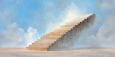 A surreal staircase ascends into a cloudy sky, symbolizing aspiration and the journey toward higher goals in an ethereal landscape.