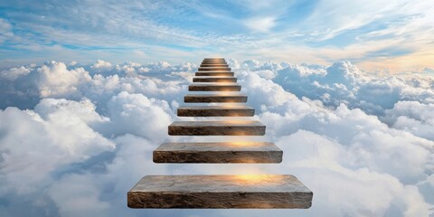 A surreal image depicting a stone staircase ascending through fluffy clouds under a bright sky, evoking a sense of wonder and possibility.