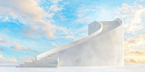 A surreal staircase ascends into a bright sky, blending minimalism and dreamlike elements in a serene environment.