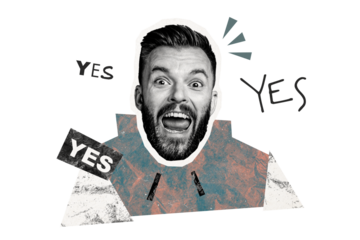 Composite photo collage of excited man scream yes approval agree answer progress development rate winner isolated on painted background