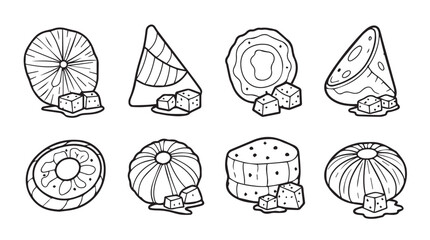 Hand drawn dessert slices and cubes sketches isolated food art line drawings vector