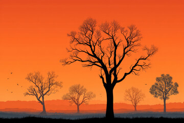 Fototapeta premium Bare tree silhouette with orange sunset sky and flying birds