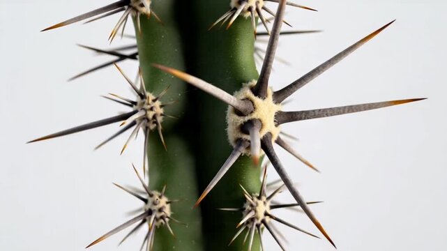 Close up of a cactus with sharp spines against a white background.