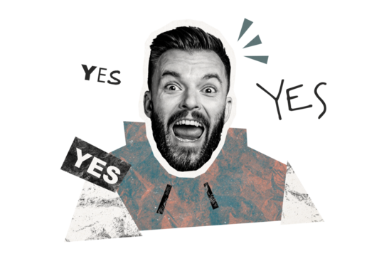 Composite photo collage of excited man scream yes approval agree answer progress development rate winner isolated on painted background