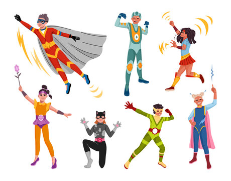 Cartoon kids superhero characters, girls and boys in superhero costumes with magic powers, vector set. Superhero kids with magic power, superpower and energy blasts for child superhuman characters