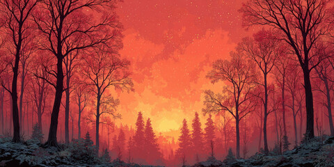 Naklejka premium Sunset forest with bare trees and glowing orange sky