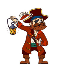 Funny groovy pirate and corsair character holds glowing lantern and flintlock pistol. Cartoon vector medieval captain, sailor, skipper or boatswain personage in hat, explores treasure island at night