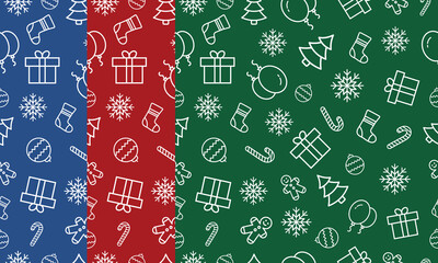 Set of white Christmas patterns on green, red, and blue backgrounds. Seamless vector design for backgrounds, wallpaper, packaging, and textiles.