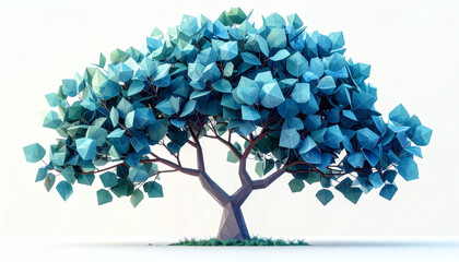 Polygonal eucalyptus tree with faceted blue-green polygon leaves on a white background showcasing geometric nature design, modern 3D tree illustration, and minimalist digital art style
