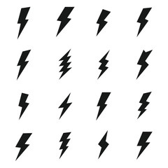 Collection of sixteen black lightning bolt icons and symbols on a white background