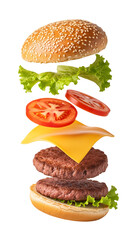 Deconstructed Burger with Flying Ingredients on White Background.