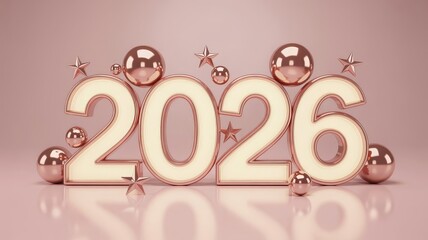 Rose gold 2026 numbers with metallic spheres and stars on a reflective pink background, celebrating the new year and future events.