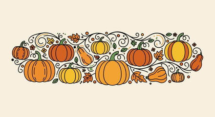 Decorative illustration featuring pumpkins, gourds, leaves, and vines in an ornamental, horizontal arrangement.