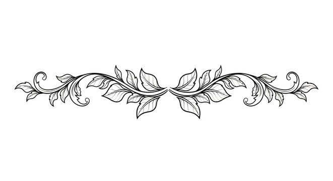 Elegant hand-drawn vintage scrollwork with symmetrical leaves and vines on a white background.