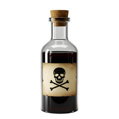 Vintage glass poison bottle with cork lid and skull and crossbones label. Ideal for Halloween, apothecary, or spooky design themes. Isolated on white or transparent background. PNG format.