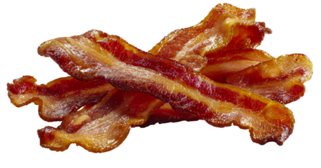 Crispy fried bacon strips arranged together isolated on transparent background
